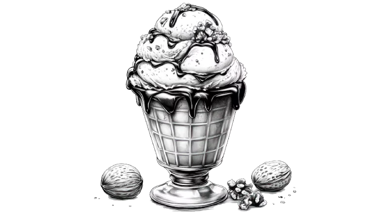 A detailed black-and-white illustration of an ice cream sundae topped with chocolate drizzle and butterscotch nuts, with nuts placed around the glass.