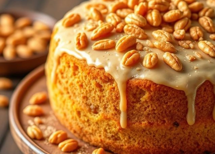 Freshly baked butterscotch cake topped with crunchy butterscotch nuts