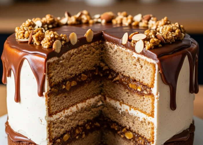 Decadent praline butterscotch cake layered with almond praline chocolate.
