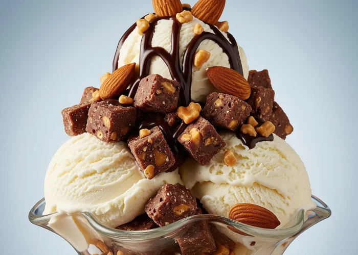 Ice cream sundae garnished with almond praline chocolate chunks.