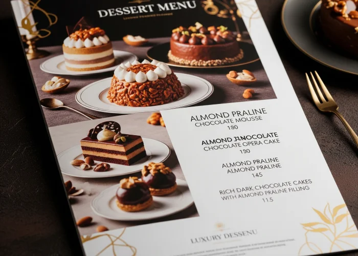 Luxury dessert menu featuring almond praline chocolate-based cakes and treats.