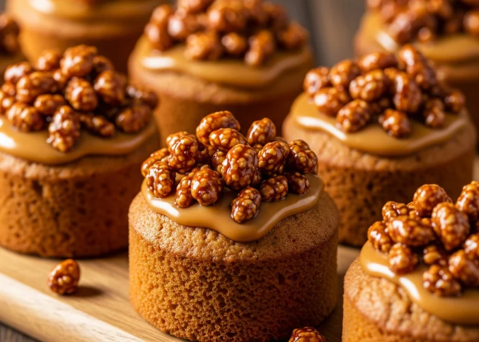 Freshly baked butterscotch cakes topped with caramelized nuts