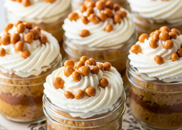 Mini butterscotch cake jars topped with whipped cream and butterscotch nuts