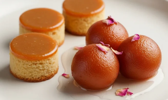 Fusion dessert plate featuring butterscotch cakes and gulab jamun