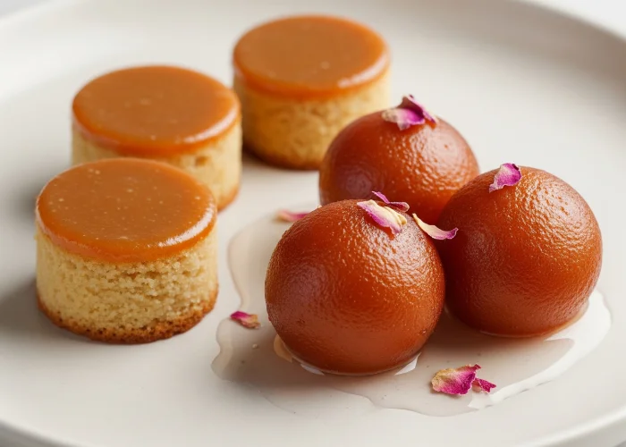 Fusion dessert plate featuring butterscotch cakes and gulab jamun