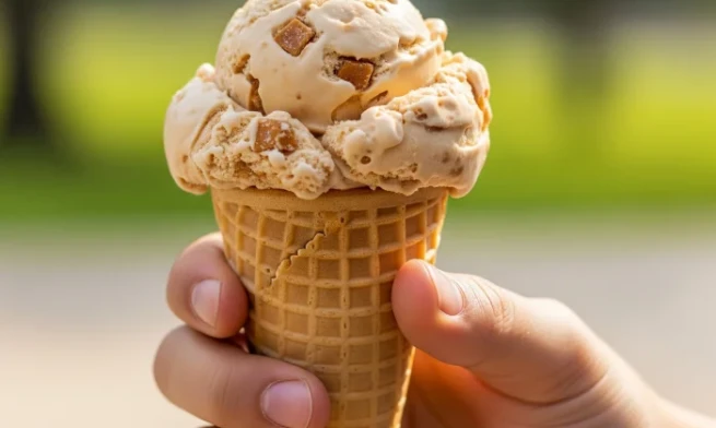 Hand holding a cone of butterscotch ice cream with visible crunchy bits.