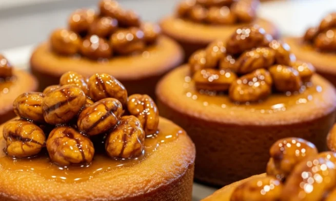 Freshly baked butterscotch cakes topped with caramelized nuts