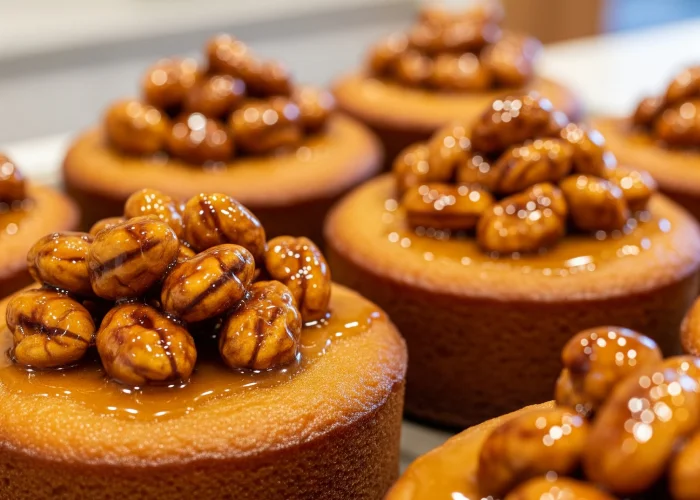 Freshly baked butterscotch cakes topped with caramelized nuts