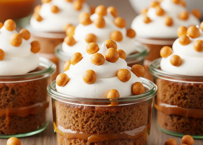 Mini butterscotch cake jars topped with whipped cream and butterscotch nuts