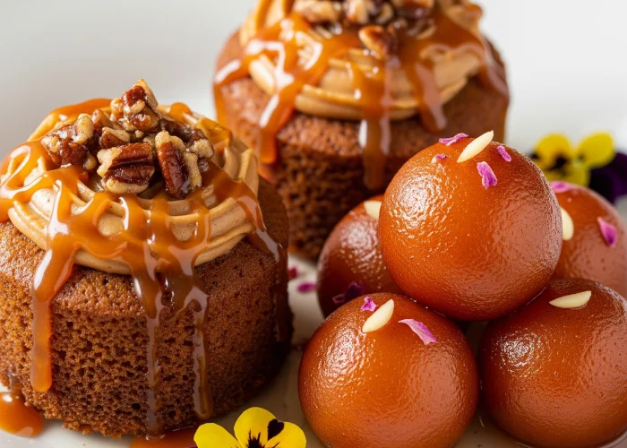 Fusion dessert plate featuring butterscotch cakes and gulab jamun