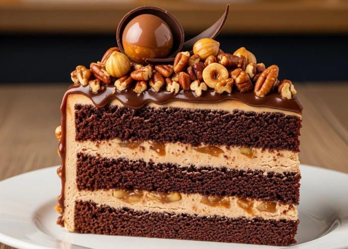 Slice of praline chocolate cake with nut topping