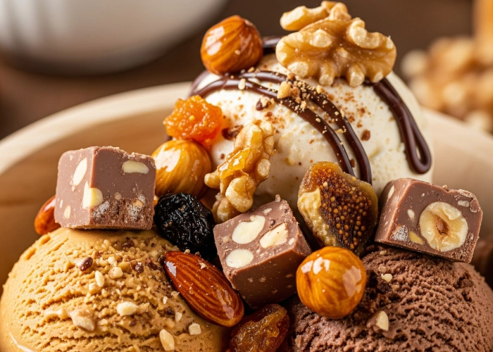 Artisanal ice cream made with dry fruit pralines and praline chcolate