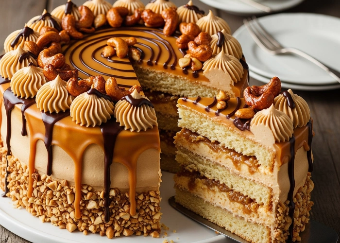 Layered praline cake with cashew toppings