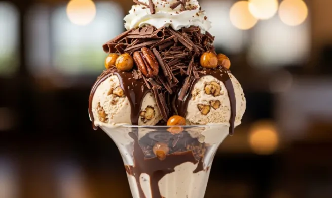 Gourmet sundae with pralines ice cream and praline chocolate shavings