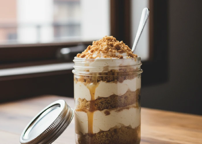 Modern butterscotch cake jar with sponge cream and nut crunch