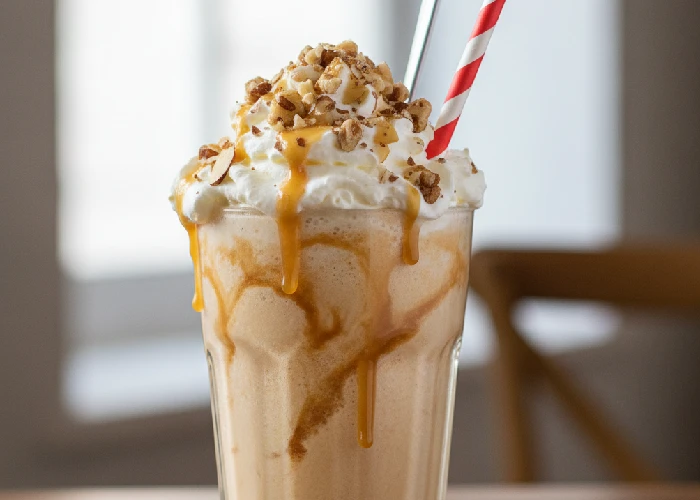 Butterscotch milkshake topped with nuts and whipped cream