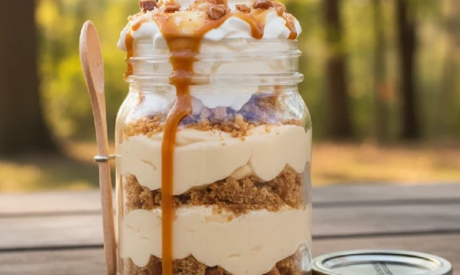 On-the-go dessert jar with layered butterscotch cake crunch