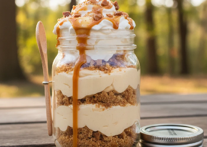 On-the-go dessert jar with layered butterscotch cake crunch