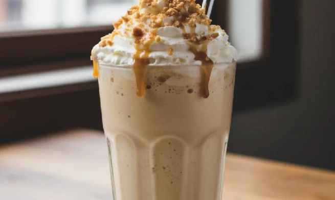 Butterscotch ice cream milkshake topped with whipped cream and praline crunch