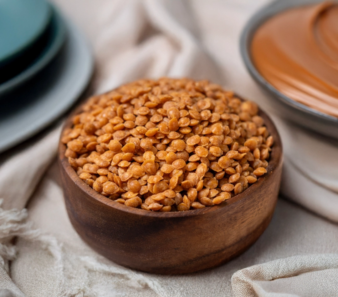 A wooden bowl filled with 4mm butterscotch nuts or flakes, displayed against a warm background on a textured surface.