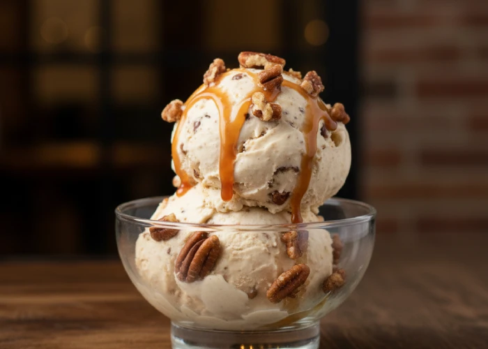scoop of ice cream with pralines mixed in