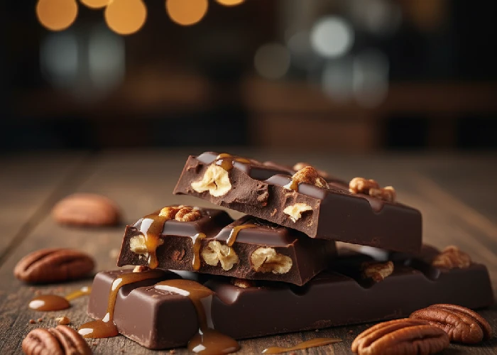 dark chocolate bar with pralines chunks