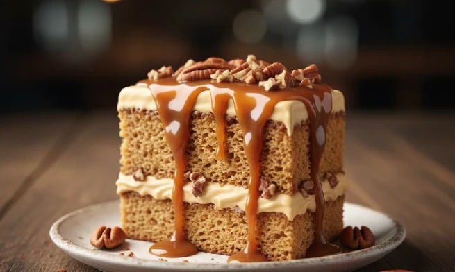 slice of praline butterscotch cake with pralines