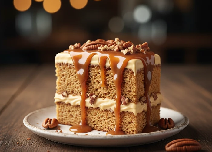 slice of praline butterscotch cake with pralines