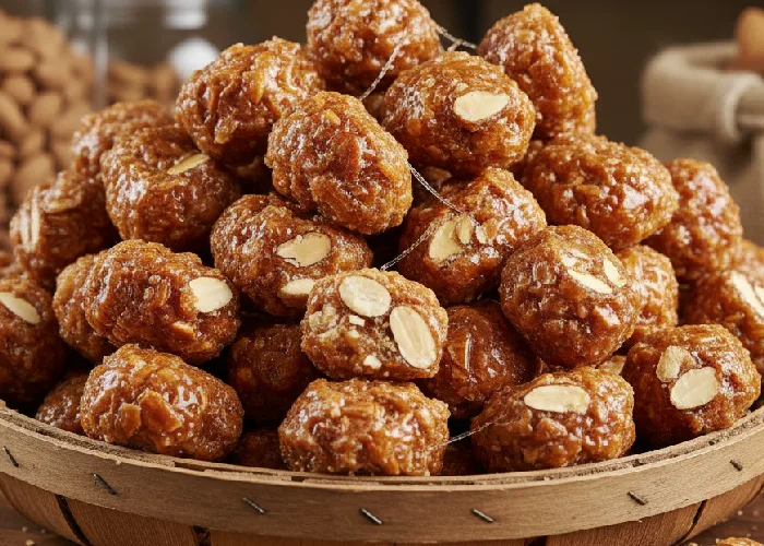 Almond pralines displayed in bulk, showing their caramelized coating and crunchy texture.