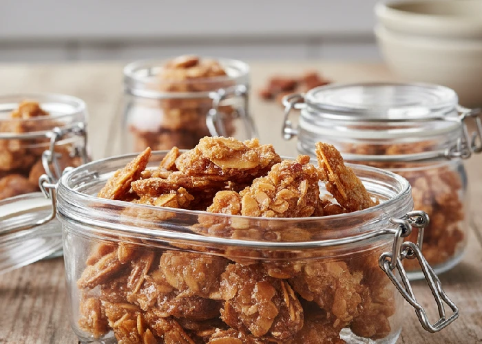 Almond pralines stored in airtight containers to prevent moisture and maintain crunch.