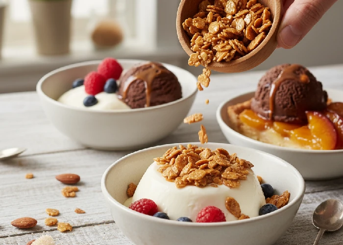 Almond pralines used as dessert toppings, demonstrating how freshness improves taste and presentation.
