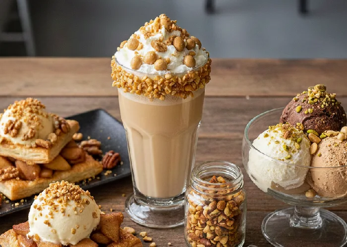 Butterscotch nuts shown as a premium topping used across desserts, beverages, and ice cream for menu innovation.