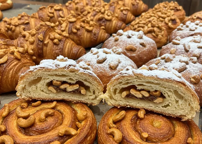Cashew pralines mixed into bakery pastries to enhance texture and sweetness.