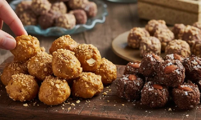 Cashew pralines displayed alongside almond-salted pralines as part of Ruby’s diverse praline range.