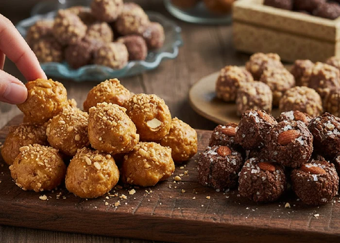 Cashew pralines displayed alongside almond-salted pralines as part of Ruby’s diverse praline range.