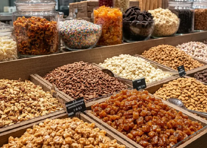 Ice cream toppings shown in bulk with crunchy pralines, caramel bits, and nut mixes used for premium desserts.
