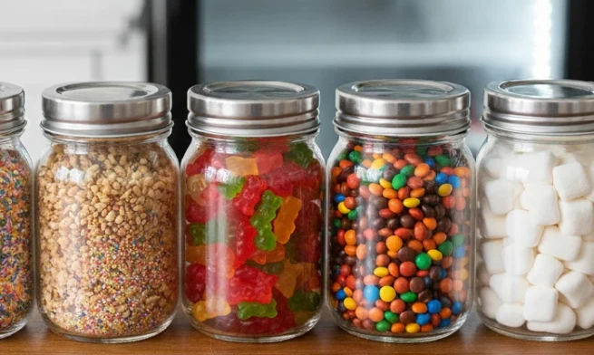 Ice cream toppings stored in airtight containers to keep them dry, crisp, and freezer-stable.