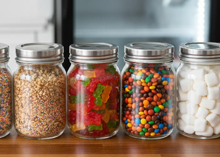 Ice cream toppings stored in airtight containers to keep them dry, crisp, and freezer-stable.