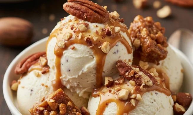 Pralines nuts used in modern desserts, showing how they add crunch and richness to premium ice creams.