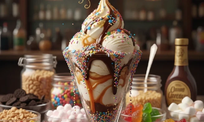 Toppings for ice cream used to create signature dessert looks with branded golden swirls and colourful sprinkles.