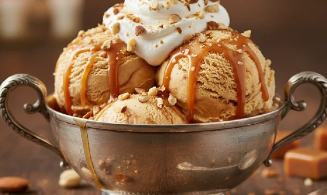A luxury bowl of the best butterscotch ice cream with cream and nuts.
