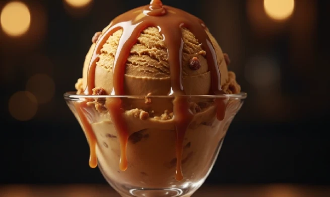 A scoop of premium butterscotch crunch ice cream with caramel drizzle.
