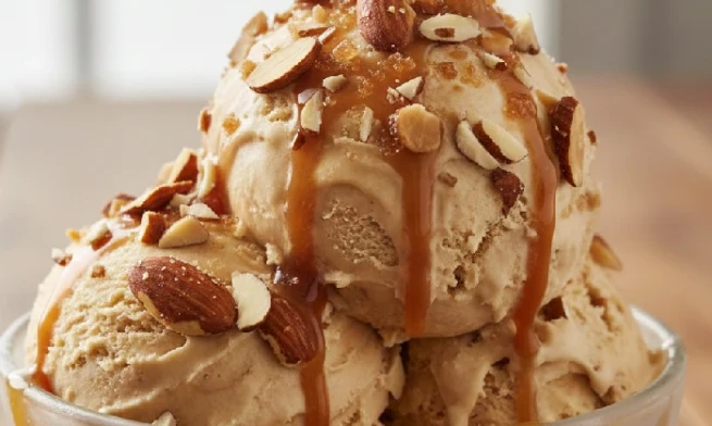 A bowl of caramel crunch ice cream and nuts.