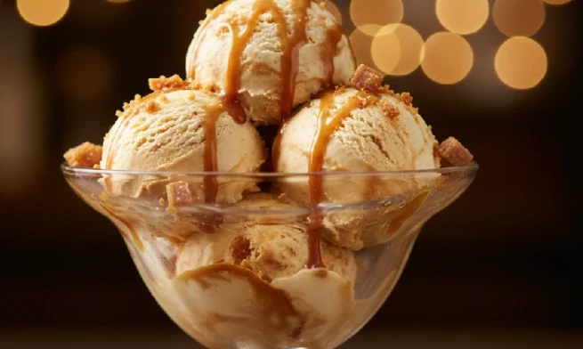 A premium serving of ice cream with butterscotch and caramel crunch ice cream swirls in a dessert bowl.