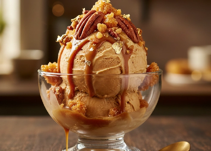 Butterscotch crunch ice cream with golden toppings