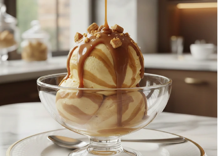 High end ice cream with butterscotch swirls