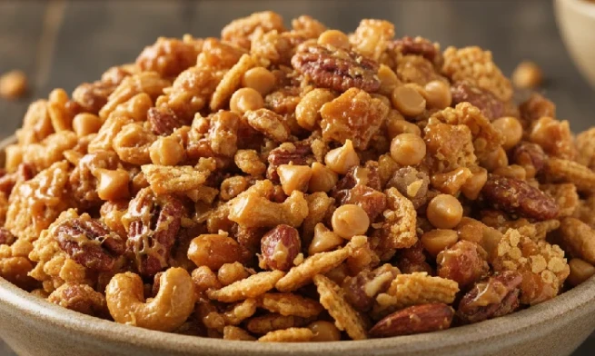 Crunchy butterscotch nuts and butterscotch chips in a bowl.