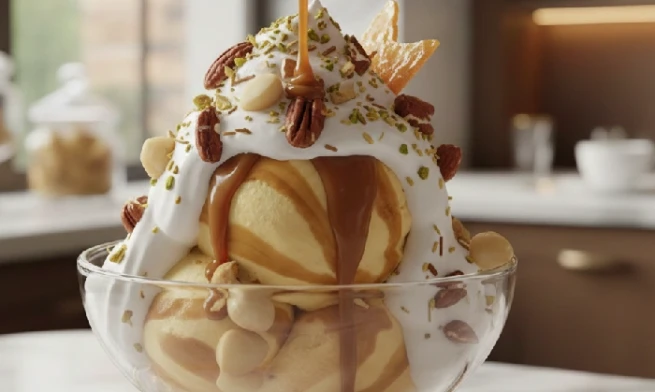 Fresh cream and nuts for premium dessert.