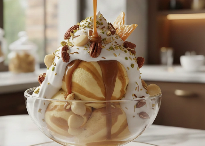 Fresh cream and nuts for premium dessert.