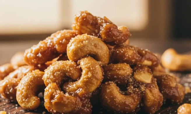 Close up of golden cashew pralines for caramel butterscotch ice cream